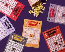 Load image into Gallery viewer, Scary Movie Cheesy Movie Night Bingo - Halloween , Pop Culture, Father&#39;s Day gift, Fall game, Spooky, Fun, pop culture
