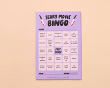 Load image into Gallery viewer, Scary Movie Cheesy Movie Night Bingo - Halloween , Pop Culture, Father&#39;s Day gift, Fall game, Spooky, Fun, pop culture
