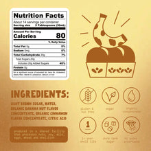 Load image into Gallery viewer, A product information graphic on a warm beige background showing a Nutrition Facts label, serving size and calories, ingredient text, a stylized pastry illustration, and six icons indicating gluten-free, vegan, organic concentrate, 1-year shelf life, pure cane sugar, and no aftertastes.
