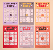 Load image into Gallery viewer, Scary Movie Cheesy Movie Night Bingo - Halloween , Pop Culture, Father&#39;s Day gift, Fall game, Spooky, Fun, pop culture
