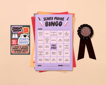 Load image into Gallery viewer, Scary Movie Cheesy Movie Night Bingo - Halloween , Pop Culture, Father&#39;s Day gift, Fall game, Spooky, Fun, pop culture
